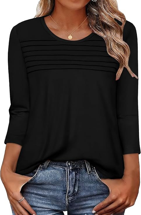 3/4 Length Sleeve Womens Tops Pleated Dressy Casual T Shirts Tunic Blouses