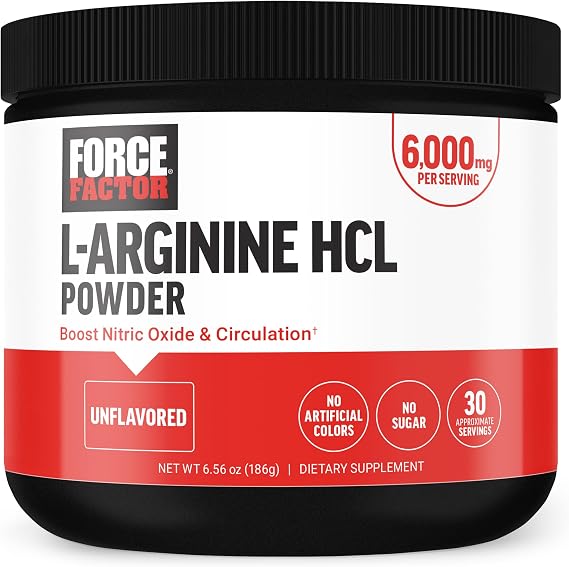 Force Factor L Arginine HCL, L-Arginine Supplement to Boost Nitric Oxide for Better Circulation, Blood Flow, and Muscle Pumps, L Arginine Powder 6000mg, Unflavored, 30 Servings