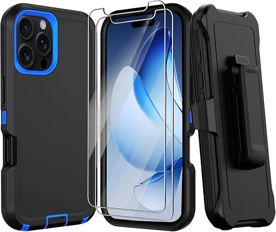 for iPhone 16 Pro Max Case, Military Grade Shockproof Phone Case with Kickstand & Belt Clip Holster | Screen Protector, 360 Full Body Tough Bumper Heavy Duty Protective Cover 6.9 (Blue)