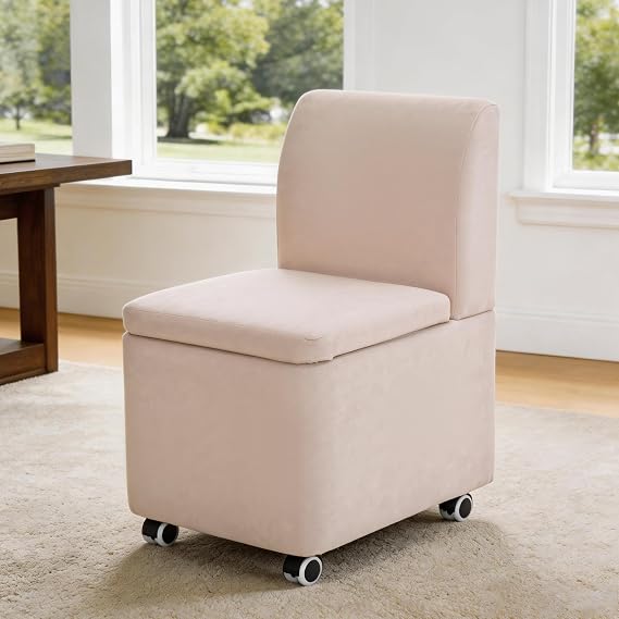 Dining Chair with Wheels and Hidden Storage, Gravity Locking Casters Seat Locks When Sat, Rolls When Lifted, Back Handle for Easy Pull, Multi-Use Stool for Kitchen, Dining Room, Vanity, Desk, Beige
