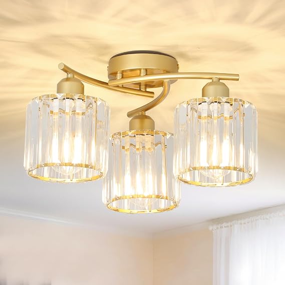 Rayofly Gold Ceiling Lights Living Room, 3-Light Modern Crystal Chandeliers Ceiling Light, Flush Ceiling Lamp Fitting with Glass Lampshade, Gold Crystal Chandelier for Hallway, Bathroom, Kitchen [Energy Class D]