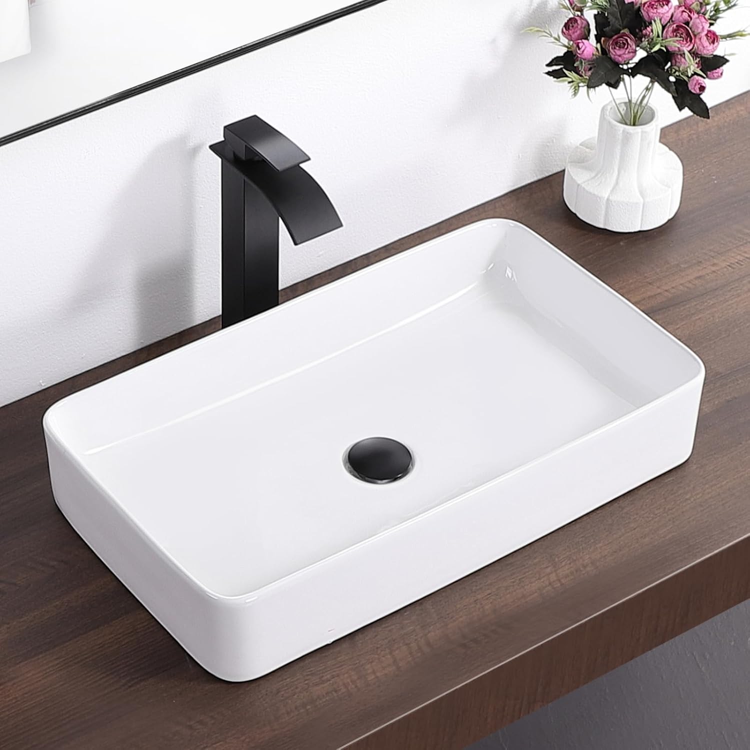 White Vessel Sink,Rectangle 24"x14" Bathroom Sink Above Counter Porcelain Ceramic Small Sink Bowl Ceramic Vessel Sinks for Bathrooms