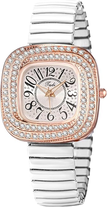 OIDEA Square Elastic Band Watch for Women: Fashion Elegant Cubic Zirconia Diamond Dial Analog Quartz Wrist Watch Dress Casual Ladies Watches White