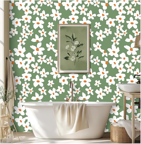 HAOKHOME Floral Peel and Stick Wallpaper Green White Orange Cottage Core