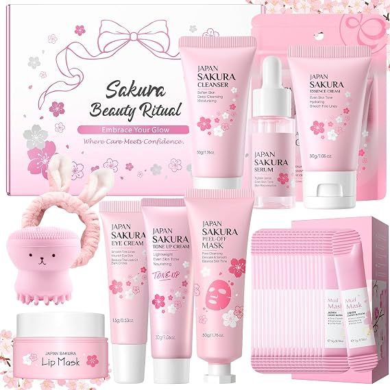 29Pcs Sakura Skincare Set, Skincare for Girls 10-12, Complete Skincare Routine for Clean, Soft and Hydrated Skin, Perfect Easter Basket Stuffers for Teen Girls