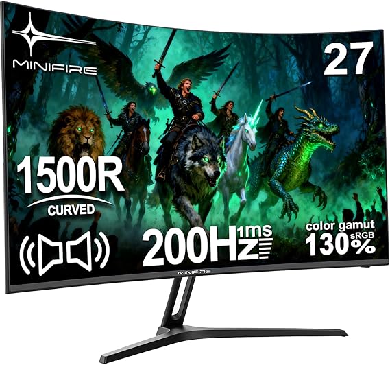 Minifire Gaming Monitor 27 Inch Curved -200Hz 1ms Response Time VA Panel with 130% sRGB Built-in Speaker 1920 x 1080 Full HD Adaptive Sync for PS5/PC Gaming Includes HDMI Cable (MFG27C1)