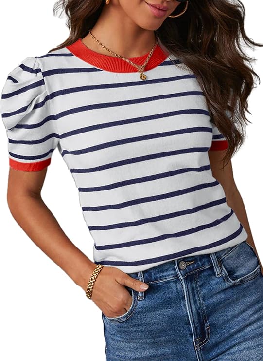 Dokotoo Women's Short Puff Sleeve Tops 2026 Striped Lightweight Sweaters | Trendy,Crewneck, Casual,Business,Knit Tops
