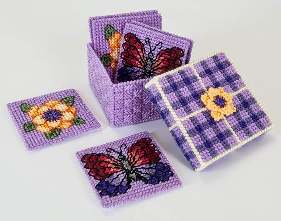 Mary Maxim Summer Needlepoint Coaster Making Kit Creates Cup Coasters and Holder, Includes 7 Mesh Plastic Canvas, Tapestry Needle, Yarn and Pattern, Makes Set of 6 with Holder