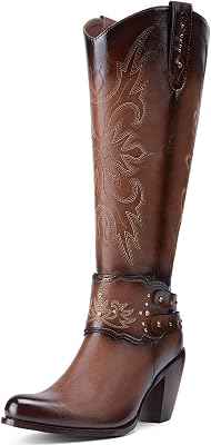 Rollda Cowboy Boots for Women, Cowgirl Boots Knee High, Ladies Tall Western Boots Rounded Toe Chunky Heel Pull on Zipper for Country Concert Party Nashville Outfit Women Boots