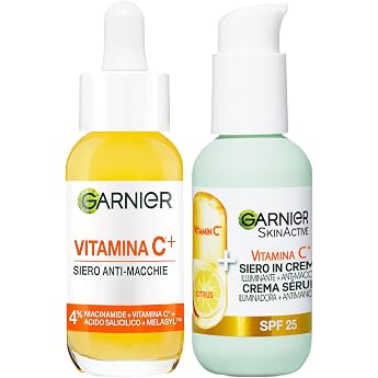 Garnier Anti-Makel-Gesichtsserum Vitamin C+ mit Niacinamid Salicylsäure Melasyl Antioxidationsmittel 30ml + Aufhellendes Gesichtsserum gegen Hautunreinheiten in Cremeform SPF 25 50ml - 2 Produkte