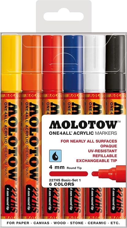 Molotow ONE4ALL Acrylic Paint Marker Set, 6 Basic Colors #1, 4mm (200.453)