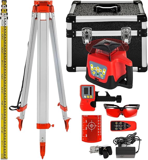 360° Rotary Laser Level Kit 500m Range Beam with Rod & Staff Automatic Red Rotating Laser Level Self-Leveling Precision Measuring Tool Construction and Layout Ideal for Indoor & Outdoor Projects