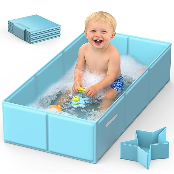 Foldable Baby Bathtub for Newborns and Toddlers, Portable Bath Tub | Collapsible baby bathtub with side drain plug; space-saving baby essentials for small bathrooms, showers, hotels and travel