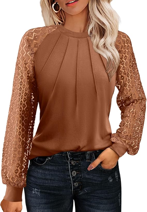 HOTOUCH Women's Lace Long Sleeve Spring Dressy Casual Business Work Trendy Shirts | Business Work Clothes,Fall Fashion Clothes, Vacation Outfits,