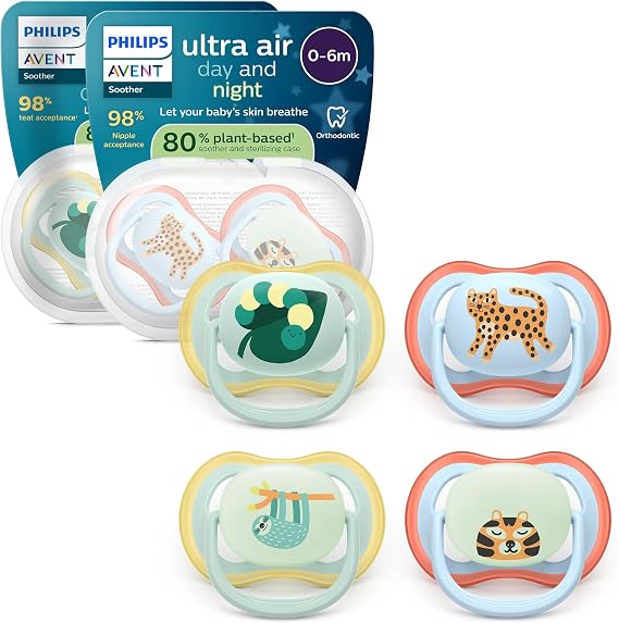 Philips Avent Ultra Air Day & Night Soothers - Orthodontic Design, for Babies 0-6 Months, Glow-in-The-Dark Version, Soft Silicone Symmetrical Teat, BPA-Free, Sterilizing Cases, 4 Pack, SCF087/22