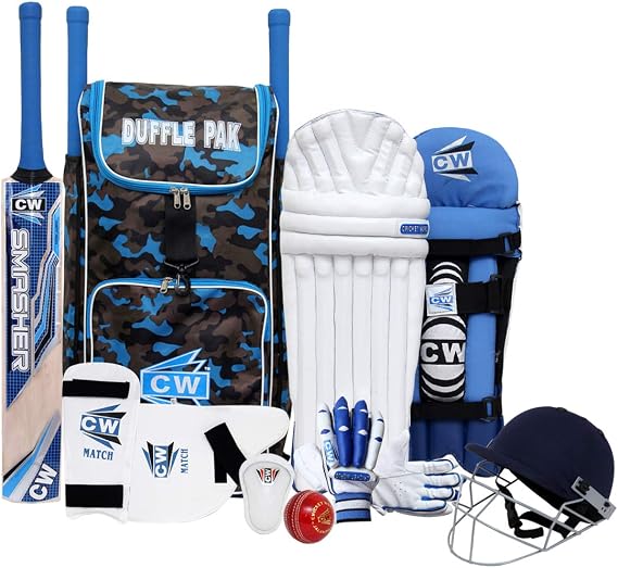 CW Tournament Junior Cricket Kit Small Boys Size 4 Kashmir Willow Bat Suitable for Leather Ball Sports Duffle Backpack Kit Boy Size