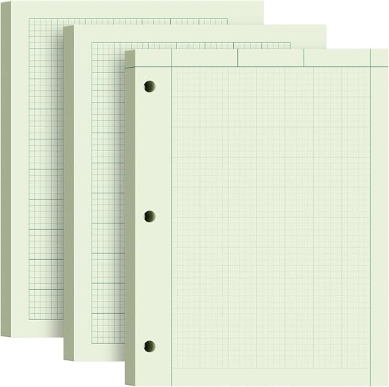 Engineering Paper 8.5 x 11, 3 Pack Engineering Notebook, 5x5 Quad Ruled | 3-Hole Punched Graph Paper, Top Binding Green Engineering Computation Pad 8.5 x 11, 100 Sheets/Pad Engineering Paper Notebook