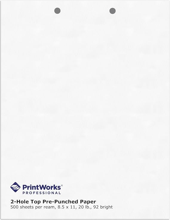 PrintWorks Professional 2 Hole Punch Top Paper - Pre-Punched for Folders, Binders, Clipboards - Made in the USA - 500 Sheets - 8.5" x 11" - 20 lb - 92 Bright White (04110)