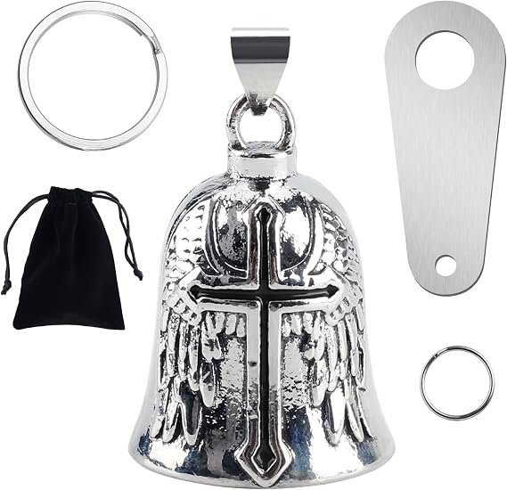 Motorcycle Guardian Bell Angel,Biker Luck Riding Spirit Bell with Hanger,2 Key Chain Rings,Organiser Bag,Good Luck Charm Gift for Riders