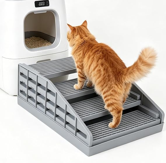 Adjustable Litter Box Step, Elevated Cat Ramp/Stairs with Filter Function | Anti-Tracking, Litter Box Steps for Small & Elderly Cats, Fits Automatic Litter Boxes, Light Grey