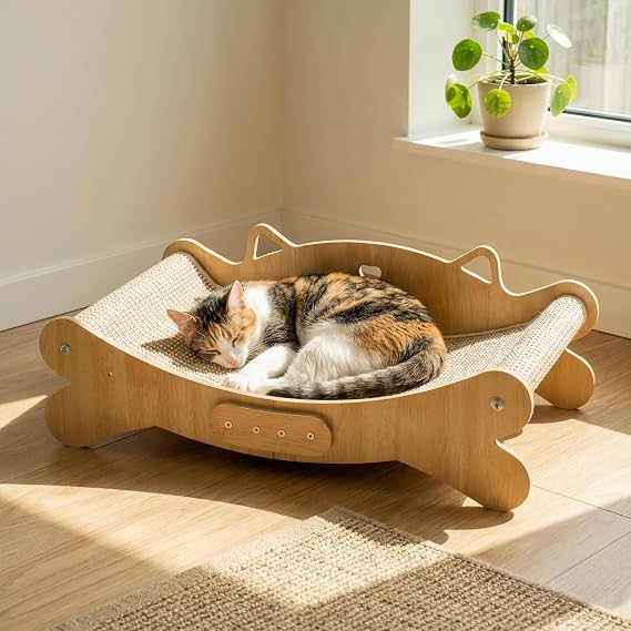 Cat Scratching Board Sisal Cat Scratcher Bed 160° Curved Design, Solid Beech Wood & Sisal Pad Cats Scratch Board, Pet Furniture for All Cats Protecting Furniture Scratching Mat Extra-Large 59x32x16cm