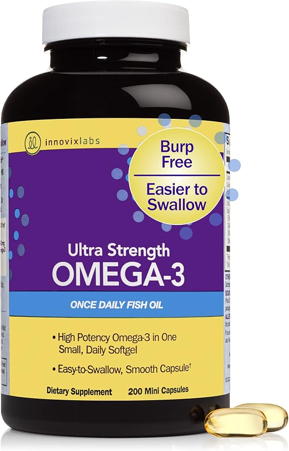 InnovixLabs Ultra Strength Omega 3 Fish Oil Supplements - Enteric Coated Burpless Fish Oil - IFOS Certified Omega 3 Fatty Acid Supplements - 200 Omega 3 Supplement Pills