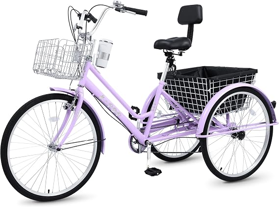24/26 Inch Tricycle for Adults, 7 Speed Adult Tricycles for Women Men Seniors, 3 Wheel Bikes for Adults Beach Cruiser Bike with Large Seat, Three Wheel Bikes with Front & Rear Baskets