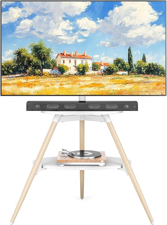 Rfiver Easel TV Stand for 32 to 65 Inch TVs, Height Adjustable & 180 Swivel Tripod TV Stand up to 88 lbs, Minimalist Corner TV Floor Stand with Storage Shelf for Bedroom, Living Room, Studio