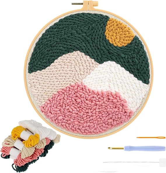 JSRQT Punch Needle Embroidery Starter Kits for Kids and Adults,Beginner Rug Hooking Kit with Mountain Pattern,Handcraft Punch Needle Kits with Embroidery Hoops
