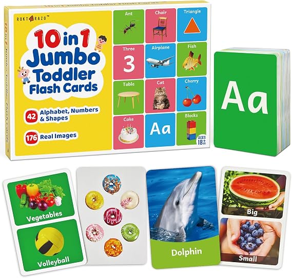 10-in-1 Jumbo Toddler Flash Cards, 96 Cards, 176 Real Images | 10 real-image topics to spark curiosity: ABCs, numbers, colors, animals, shapes, food, vehicles, seasons & nature. 18M+