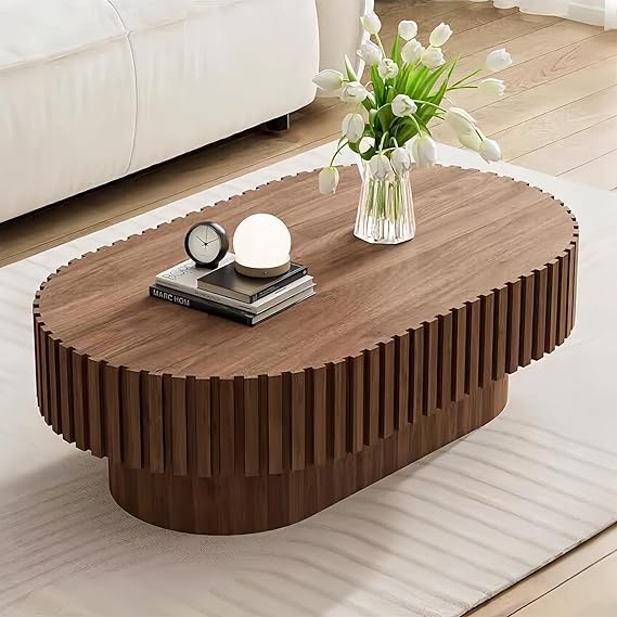 Oval Coffee Table, Mid Century Modern Fluted Living Room Tables with Pedestal, Classic Wood Coffee Table for Living Room, Bedroom, Apartment, Office, Small Space, 43.1" Walnut