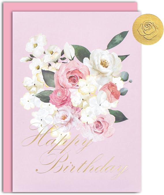 Gooji 5x7 Floral Happy Birthday Card Birthday Cards for Women For Daughter, Wife, Mom, Friend, Grandma & More Heartfelt Card with Pink Watercolor Flowers (Blossom Grace) Gold Foil