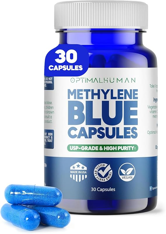 Optimal Human Methylene Blue Capsules 10mg USP, Vitamin C, 60 Ct | USP-grade methylene blue 10 mg capsules with vitamin C for daily wellness & antioxidant support, vegan & unflavored