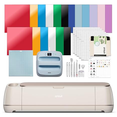 Cricut Maker 4 - Smart Cutting Machine Seashell | Engagement Plus Set - EasyPress 3 Heat Press 9 x 9 + Mat, Tote Bag, Material Sampler, Machine Mat, Pen, Tools, and 25 Digital Images Included