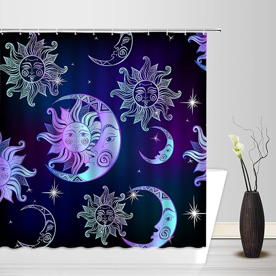 GCTNBJL Sun Moon Shower Curtain Purple Blue Burning Sun Moon Stars Mandala Celestial Fantasy Universe Starry Sky Galaxy Boho Medallion Mystic Chic Art Bathroom Fabric Decor Shower Curtain with Hooks