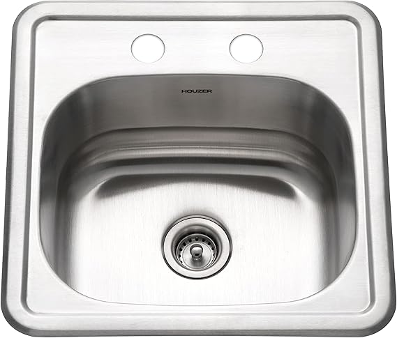 Houzer Hospitality Stainless Steel Bar & Prep Sink: 15 Inch Drop-In Topmount 2-Hole Sink for Bar & Kitchen, Durable & Versatile, Essential for Home & Apartment: 1515-6BS-1