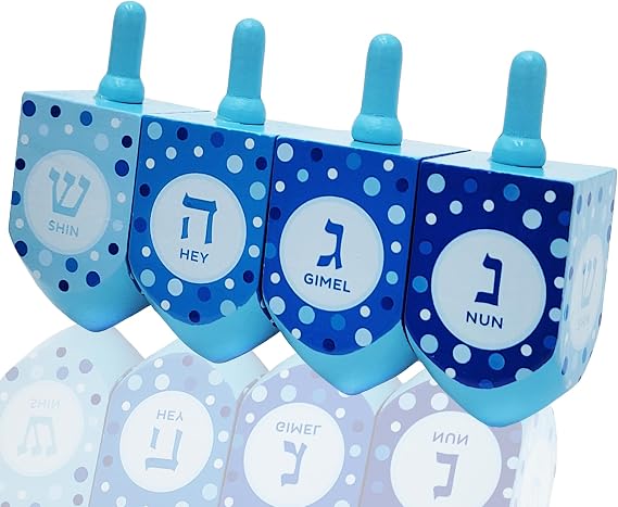 The Dreidel Company Extra Large Hand Painted Wood Hanukkah Dreidels, 4-Pack Pastel Blue & White Design