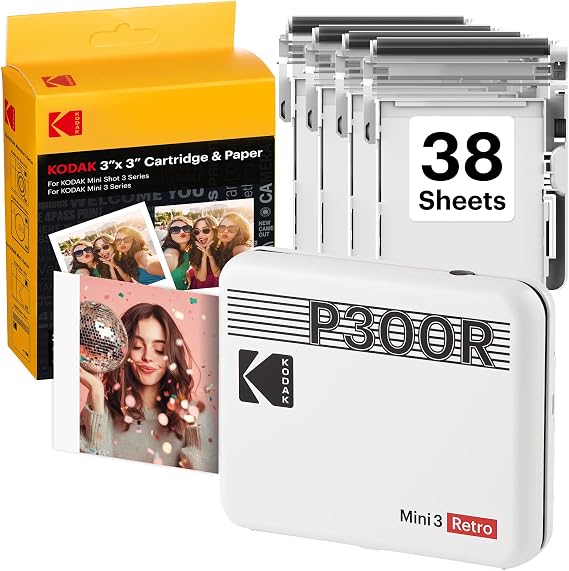 KODAK Mini 3 Retro 3x3 Portable Photo Printer, 4PASS, 38 Sheets, White