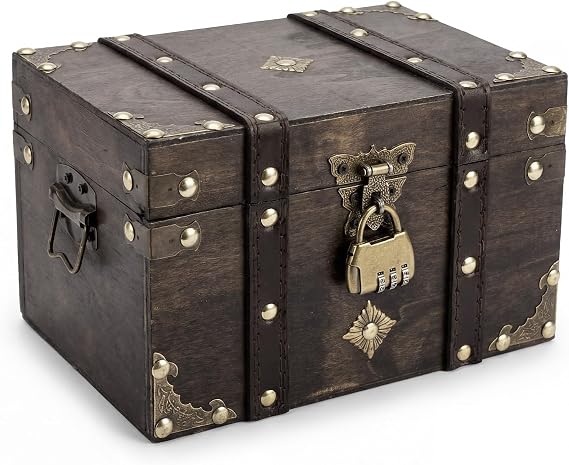 Large Pirate Treasure Chest, Treasure Box with Lock (22 x15 x14cm) Vintage Wooden Chest for Home Decor Great Christmas Xmas Gifts, for Storing Jewelry Treasure
