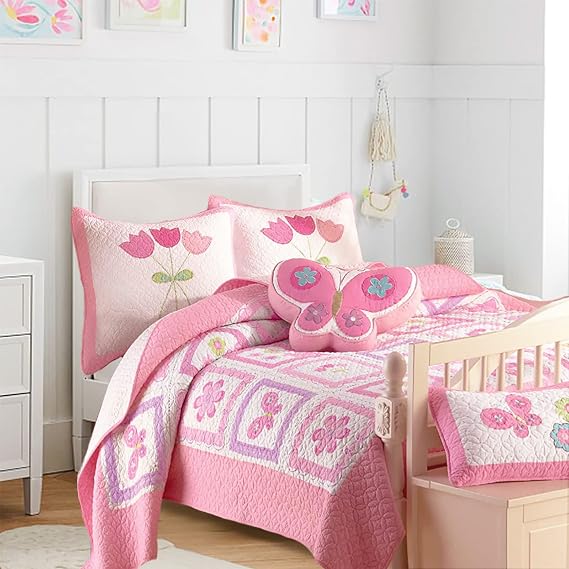 Pink Tulip Butterfly Floral 100% Cotton Reversible Quilt Bedding Set for Kids, Girls, Coverlet, Bedspreads (Twin - 2 Piece: 1 Quilt + 1 Standard Sham)