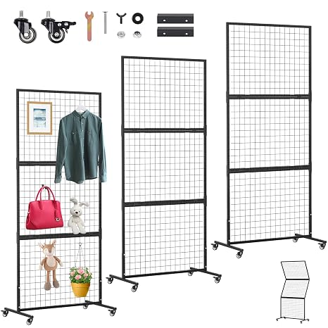 3-Pack 3x6 Gridwall Panels Wire Grid Standing Rack with T-Base Wheels | Adjustable Grid Wall Panels, Braked Wheels, Suitable for Craft Merchandise Display, Item Storage