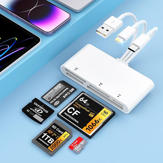 2025 New Stable High Speed Version SD Card Reader Memory Card Reader, 5 in 3 Lightning/Type C/USB-A to SD/TF Micro SD/CF/Micro SD/XD/MS Card Reader, Bi-Directional High Speed Transfer, Memory Card Reader, Compatible with iPhone, Samsung, MacBook Pro/Air, iPad, Android Smartphones, Pixels, PC
