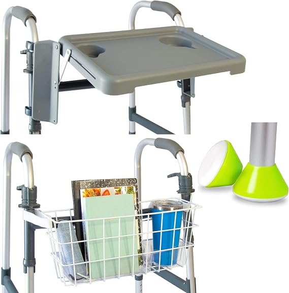 HealthSmart Walker Accessory Kit, Includes HealthSmart Walker Glides, HealthSmart Walker Basket, and DMI Folding Walker Tray, Fits Most Walkers
