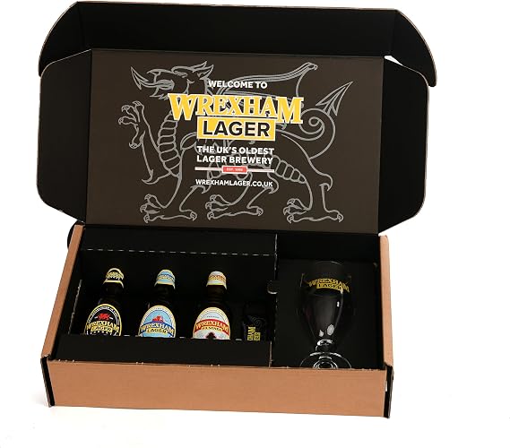 Wrexham Lager Gift Box, Contains 3x330ml bottles, including Wrexham's Export, Pilsener and Original Lager, with branded Chalice Glass and Bottle Opener, Great Gift for Lager Lovers