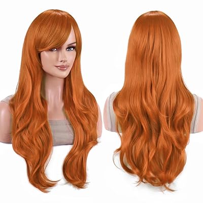 IMISSU 28 Inch70cm Long Hair Water Wavy Wigs with Bangs Cosplay Costume Wig Orange