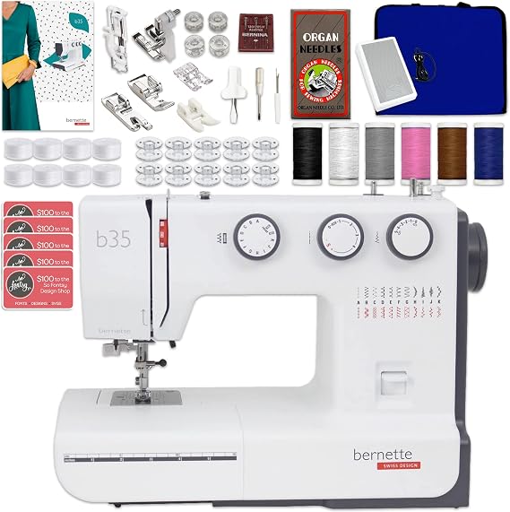 Bernette B35 Sewing Machine with Deluxe Sewing Bundle with Embroidery Designs, Accessoires, and More