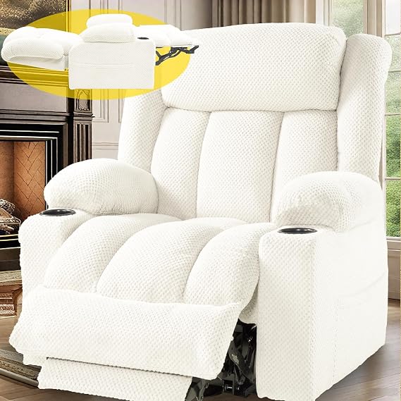 3 Motor Large-Wide Lift Chair, Infinite Position, 180 Lay Flat, Power Lift Chairs Recliners for Elderly Big and Tall, Massage & Heat, Extended Footrest, Soft Plush Flannel (Cream White)