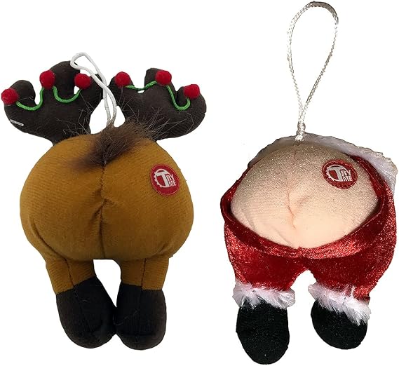 Funny Ornaments-1 Santa Butt and 1 Reindeer Butt-Tootin Tushie Farting Musical Christmas Ornaments-Great Stocking Stuffers-Secret Santa-Christmas Swap-White Elephant
