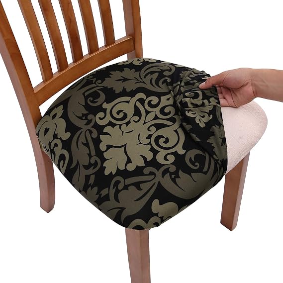 Stretch Chair Seat Covers for Dining Room, Elastic Dining Chair Seat Protector Cover Removable Washable Chair Slipcovers with Ties, Set of 4