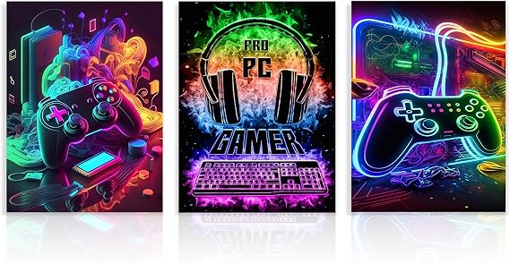 Dazzlewall 3Pcs Game Wall Art Prints Cool Neon Gaming Posters for Teen Boys Room Dorm Game Room Decor 12x16 in Unframed